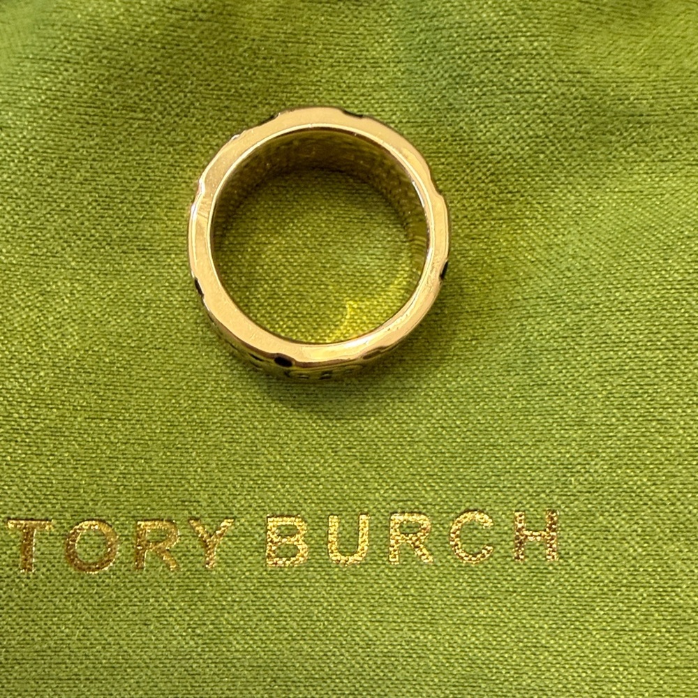 Tory Burch Gold Tone Ring with Black Enamel Logo Accents - Picture 3 of 4